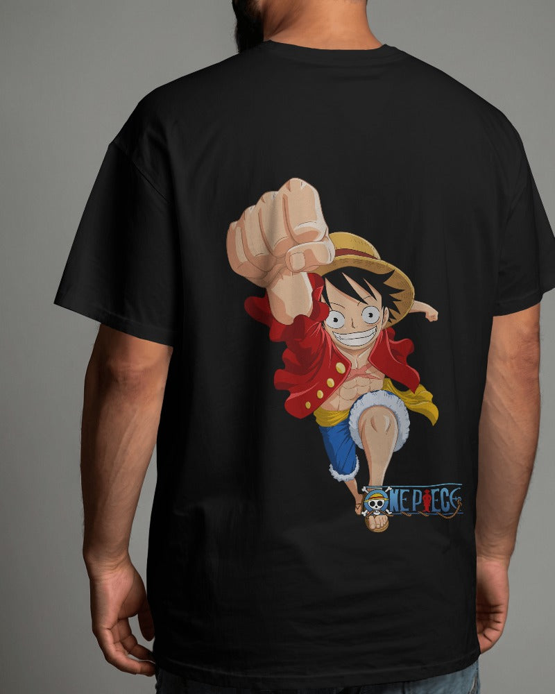 Anime: Monkey D Luffy punch, tshirt, black color