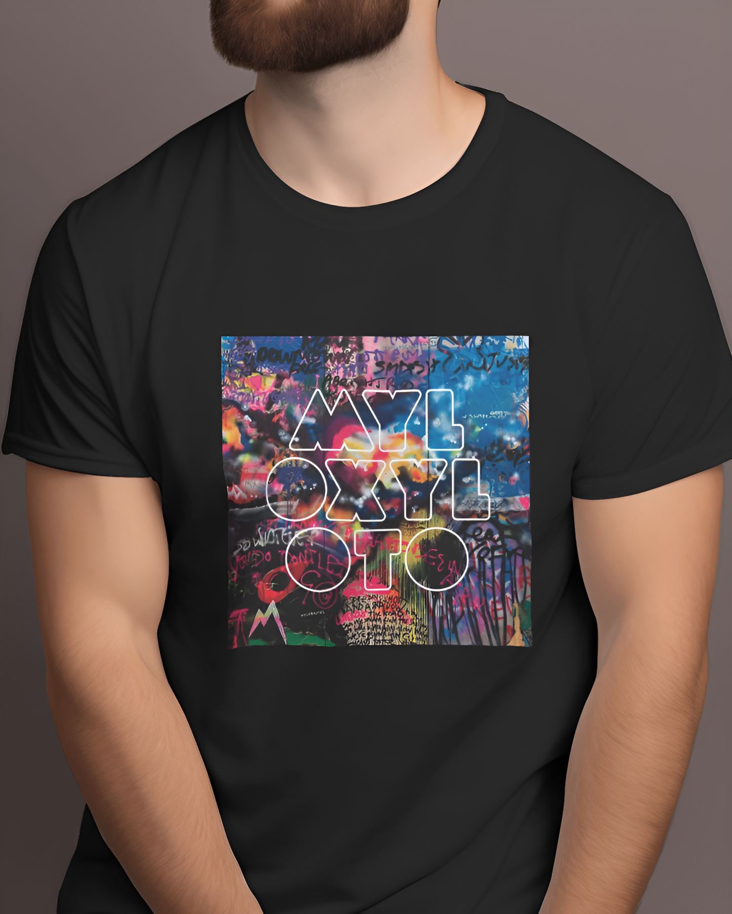 Coldplay tshirt: Mylo Xyloto, black color tshirt