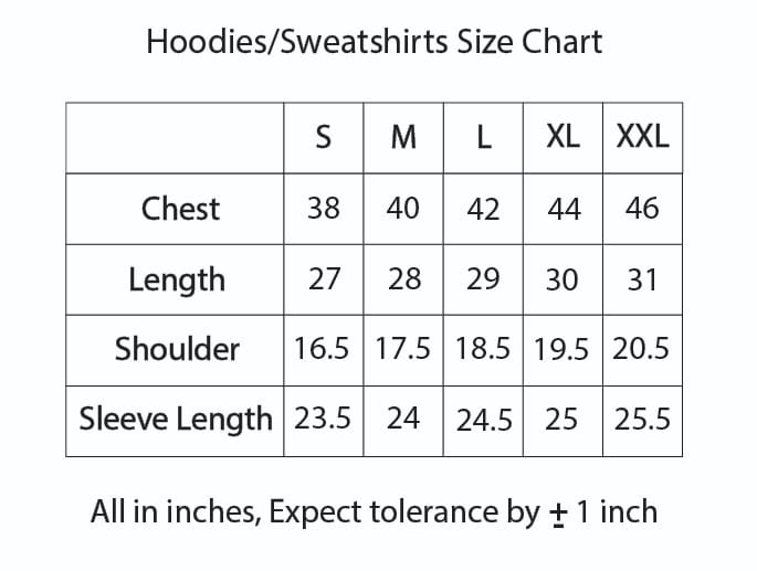 Hoodie and sweatshirt Size chart