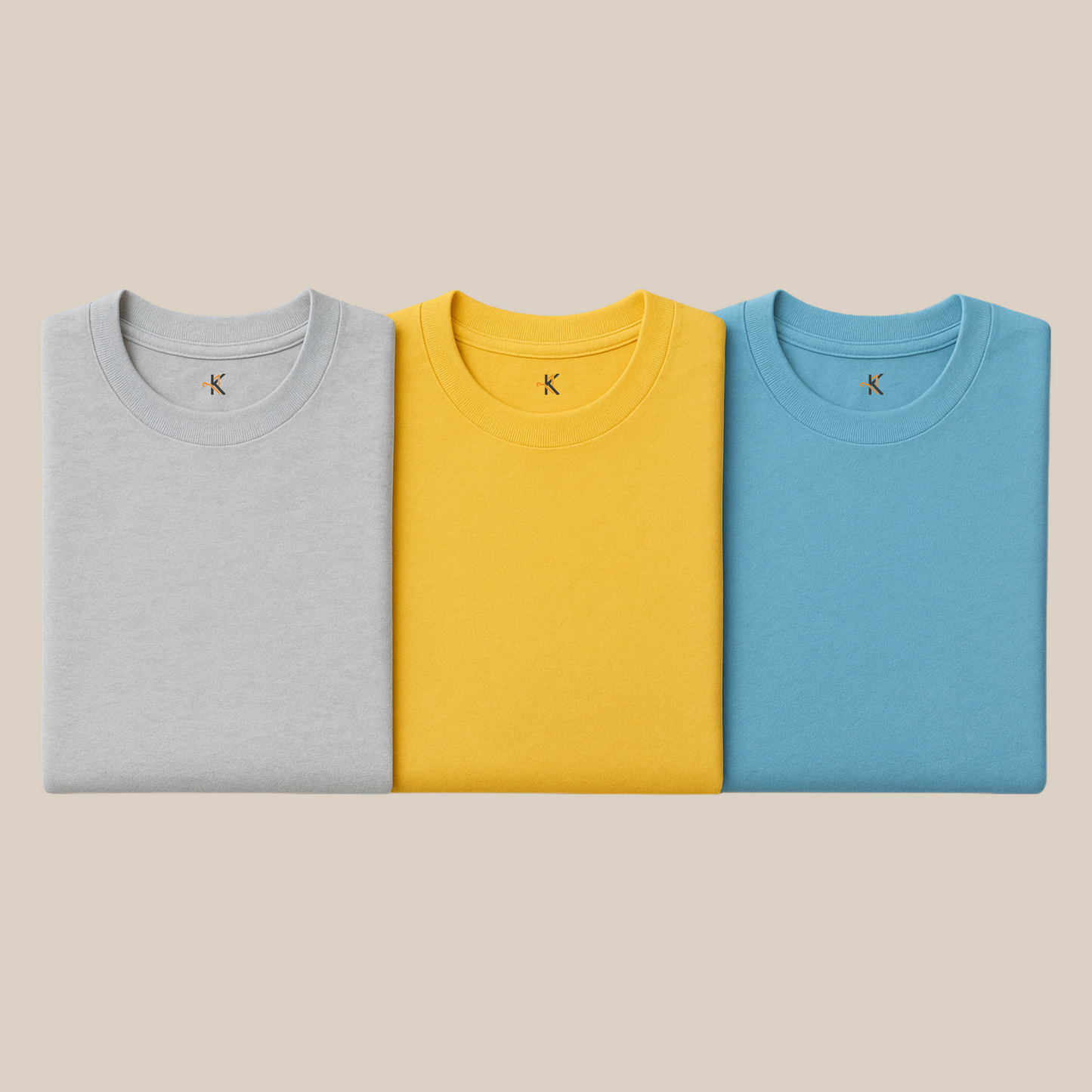 Pack of 3 : Solid colors - Grey Mustard Sky T-shirts | 100% Cotton | Unisex