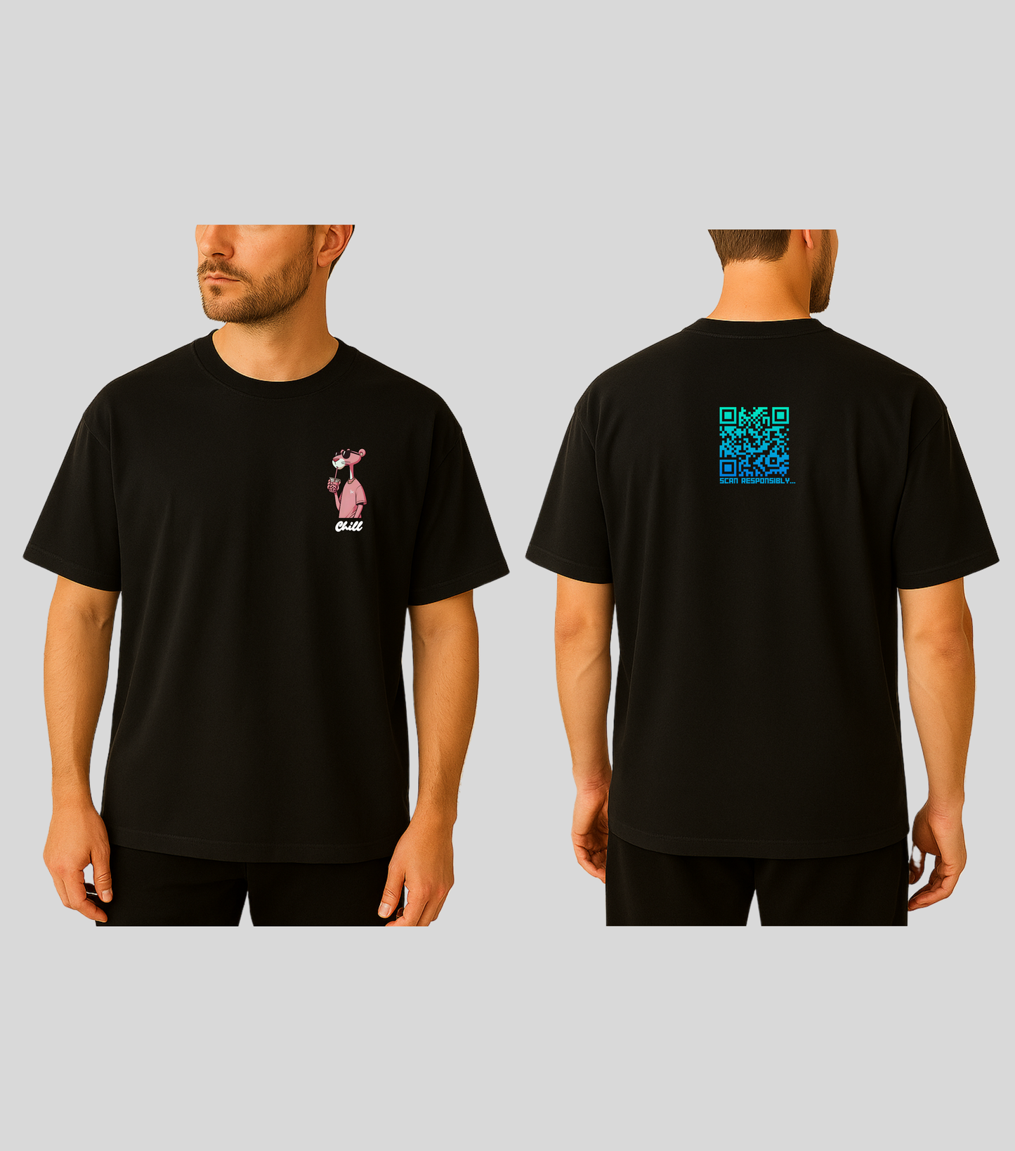 Chill Panther | KopdeQR Dynamic Small QR Code T-Shirt – Blue Gradient | 100% Cotton | Unisex |Mobile App-Controlled QR Code Content