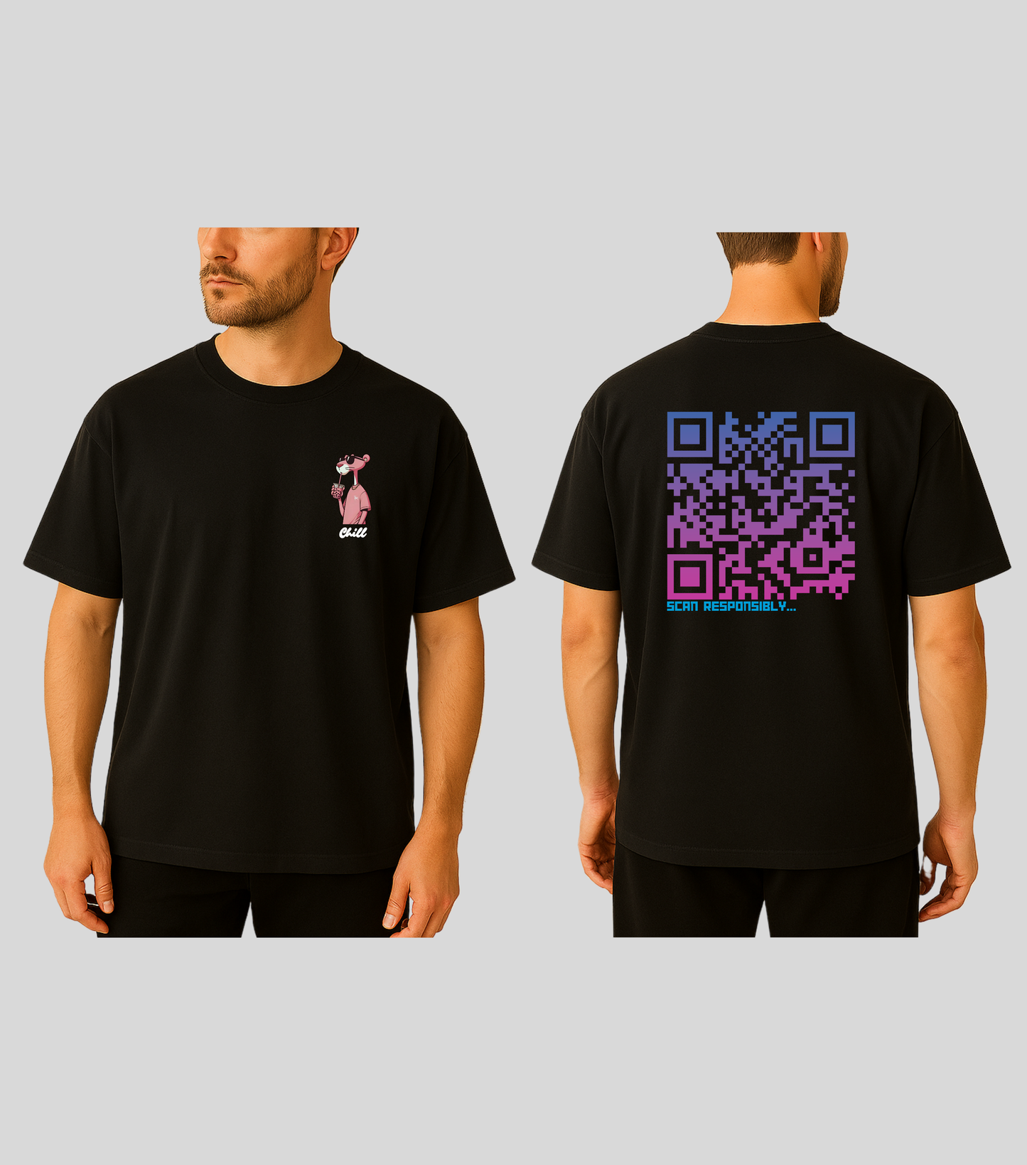 Chill Panther | KopdeQR Dynamic QR Code T-Shirt – Pink Gradient | 100% Cotton | Unisex |Mobile App-Controlled QR Code Content