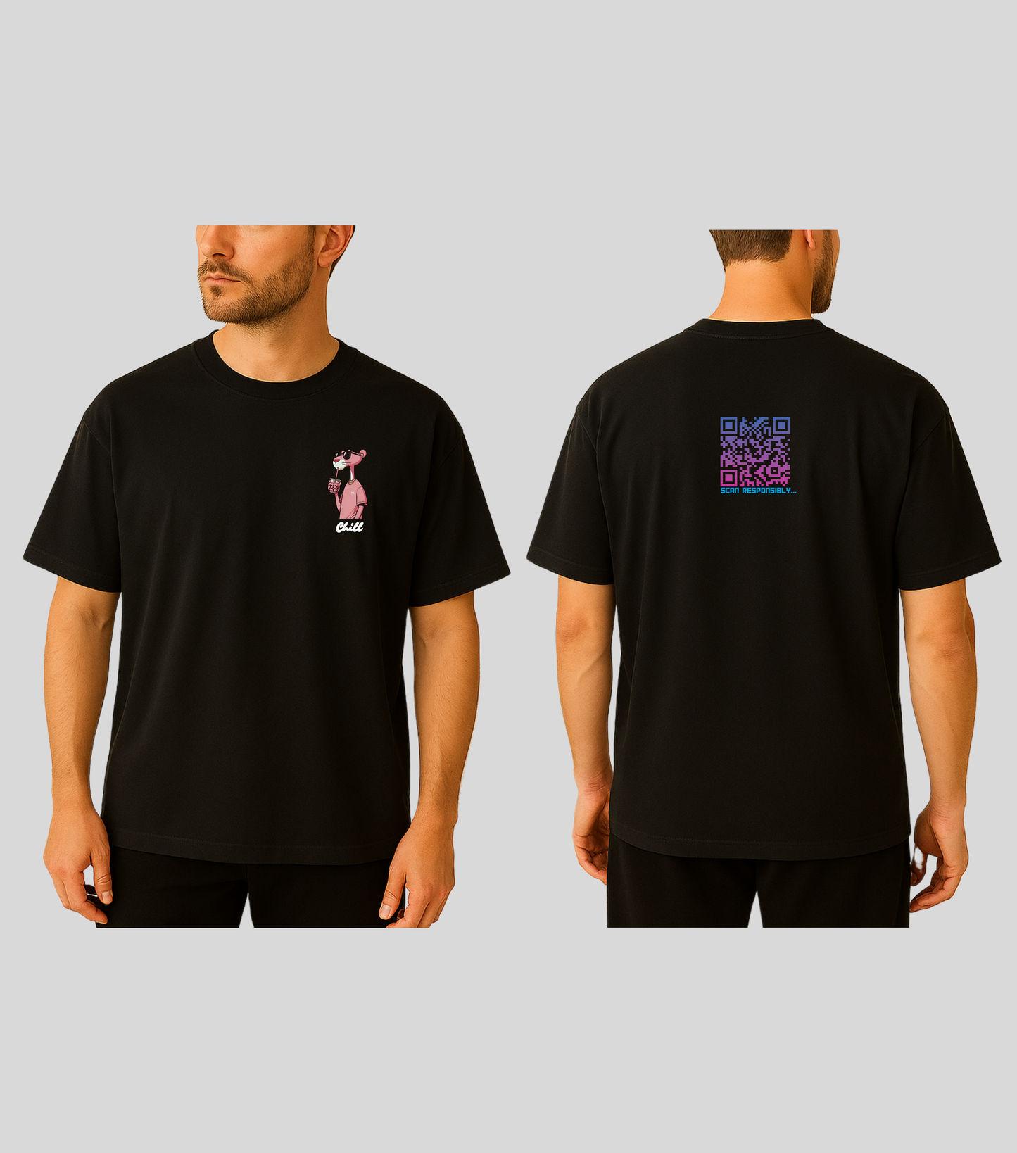Chill Panther | KopdeQR Dynamic Small QR Code T-Shirt – Pink Gradient | 100% Cotton | Unisex |Mobile App-Controlled QR Code Content