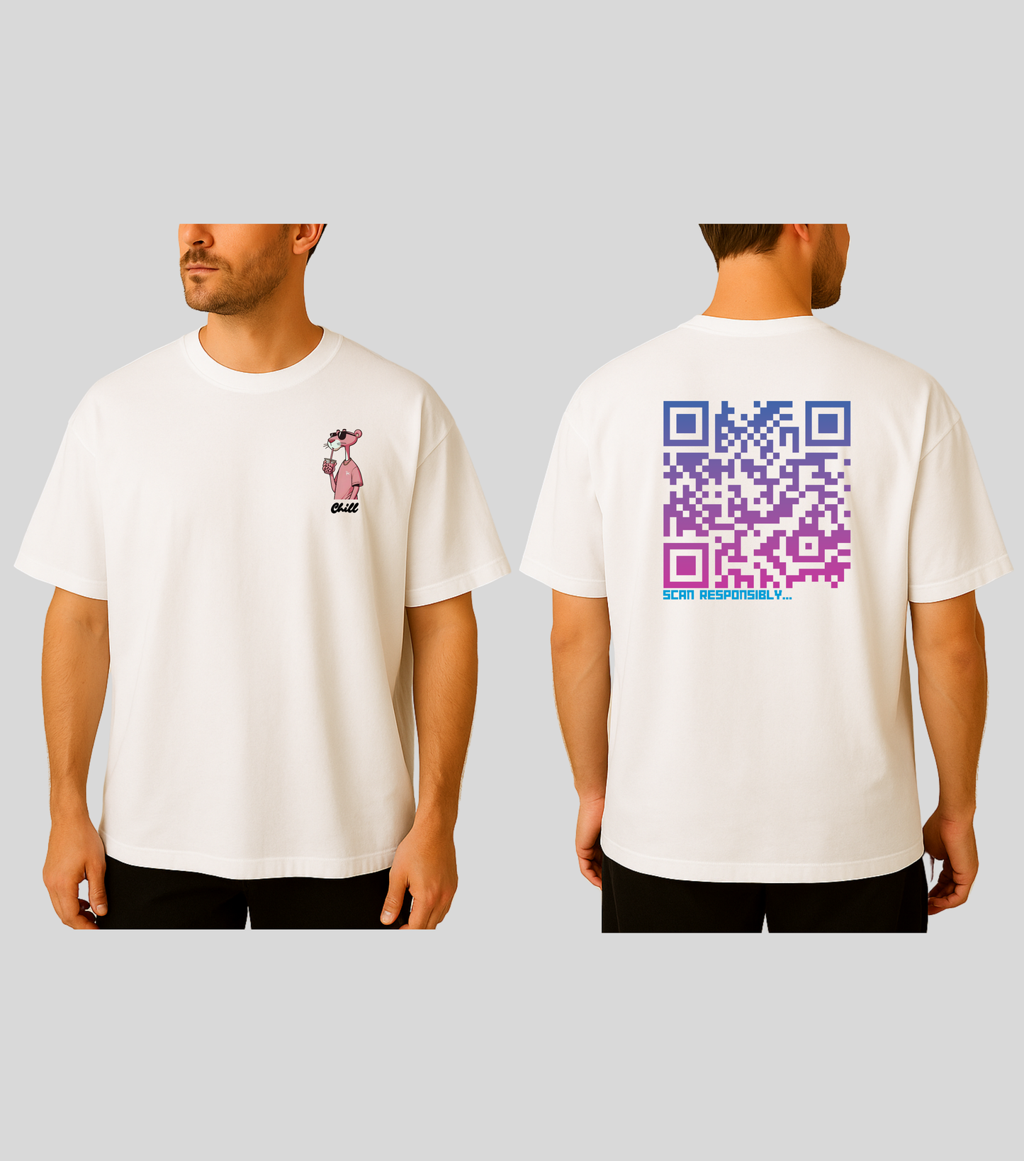 Chill Panther | KopdeQR Dynamic QR Code T-Shirt – Pink Gradient | 100% Cotton | Unisex |Mobile App-Controlled QR Code Content