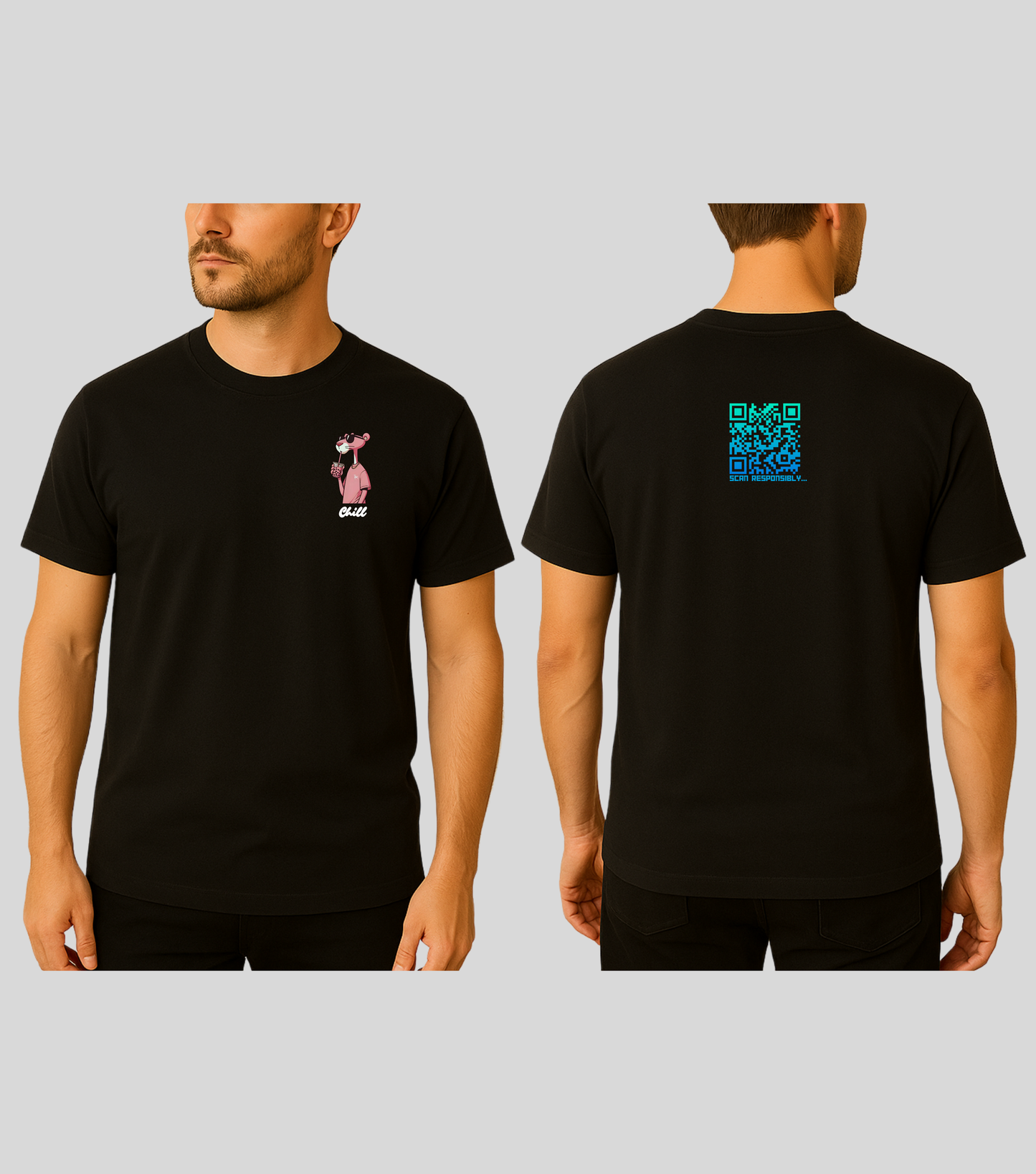 Chill Panther | KopdeQR Dynamic Small QR Code T-Shirt – Blue Gradient | 100% Cotton | Unisex |Mobile App-Controlled QR Code Content