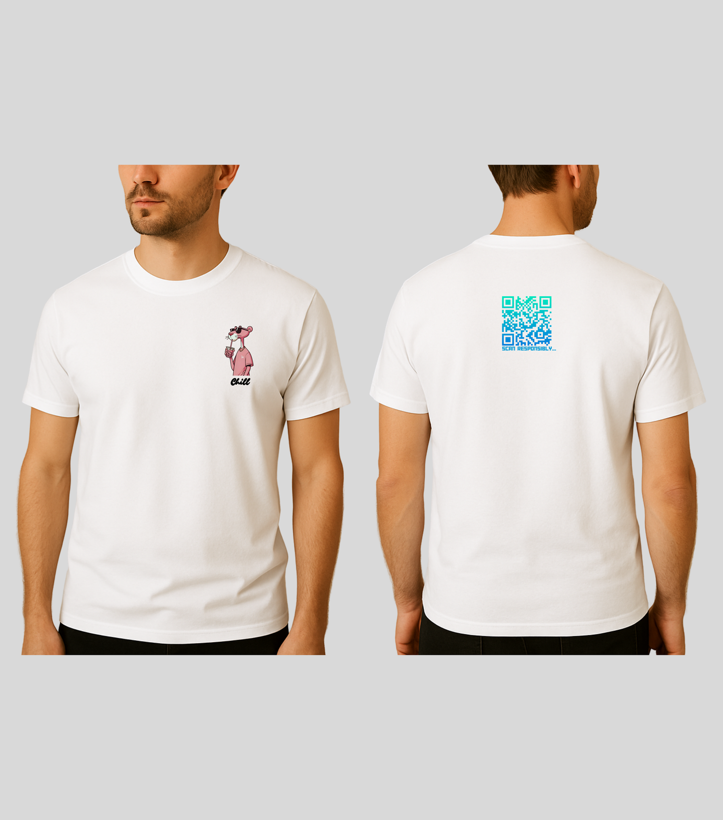 Chill Panther | KopdeQR Dynamic Small QR Code T-Shirt – Blue Gradient | 100% Cotton | Unisex |Mobile App-Controlled QR Code Content