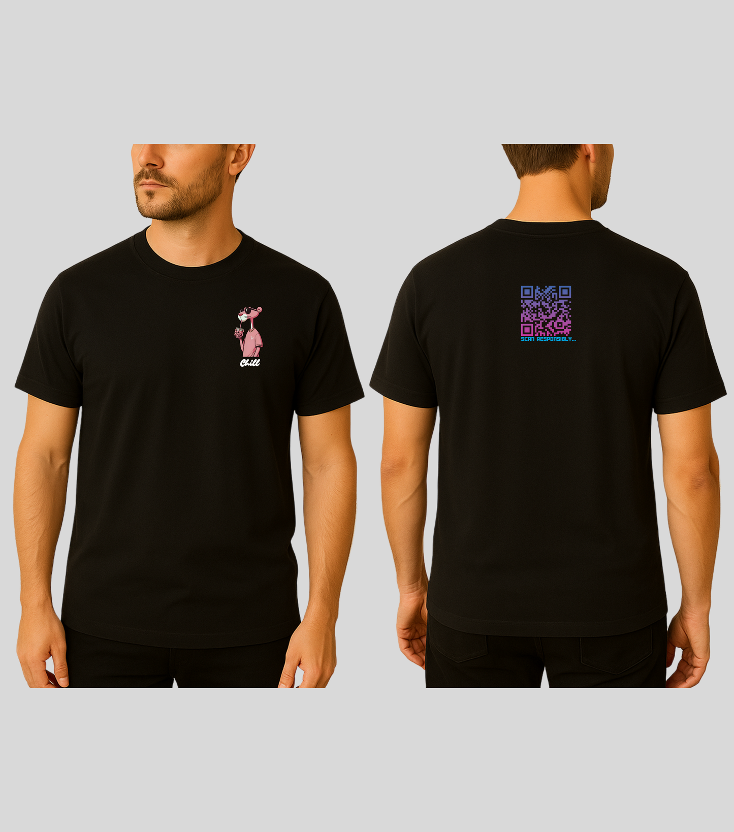 Chill Panther | KopdeQR Dynamic Small QR Code T-Shirt – Pink Gradient | 100% Cotton | Unisex |Mobile App-Controlled QR Code Content