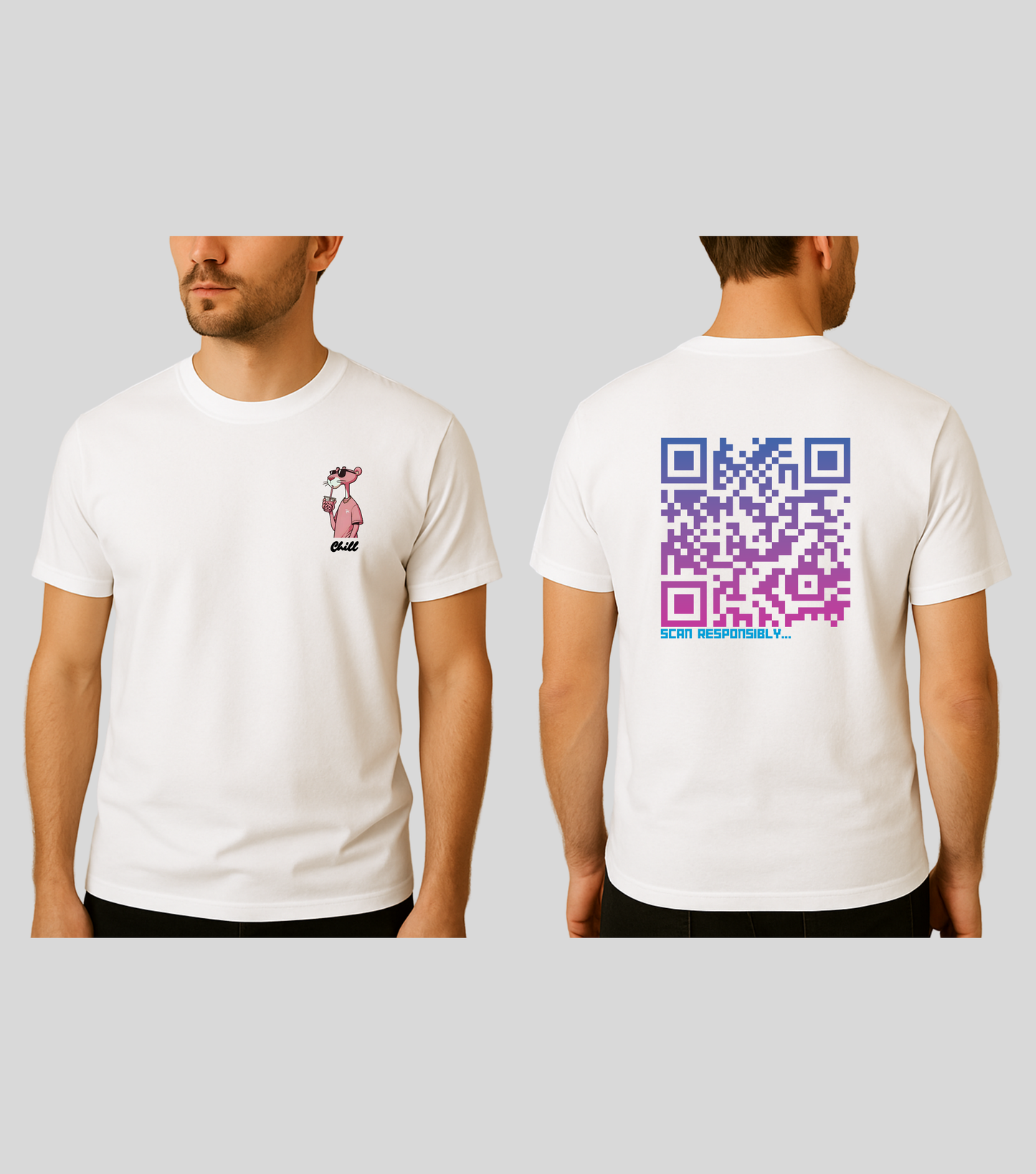 Chill Panther | KopdeQR Dynamic QR Code T-Shirt – Pink Gradient | 100% Cotton | Unisex |Mobile App-Controlled QR Code Content