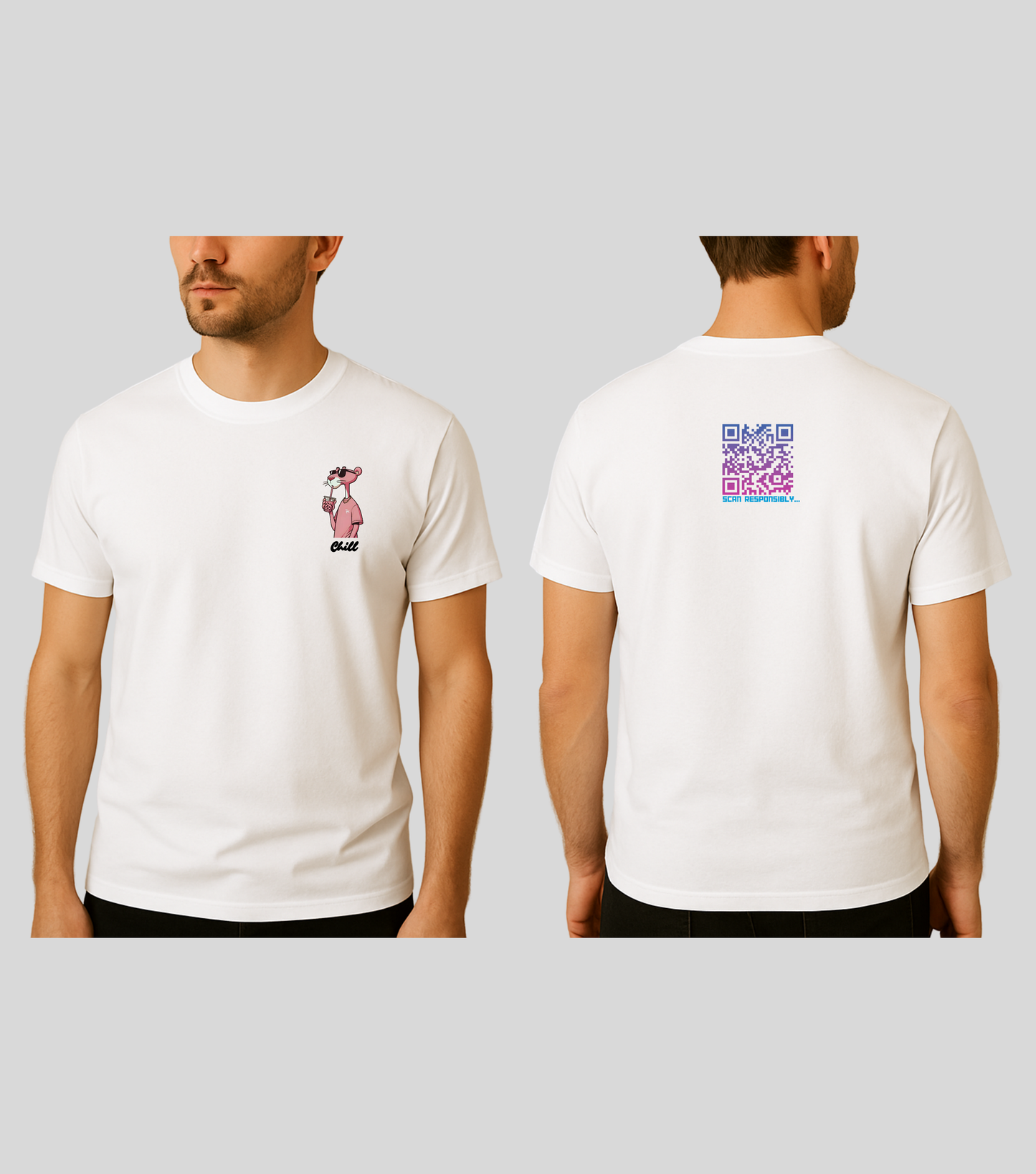 Chill Panther | KopdeQR Dynamic Small QR Code T-Shirt – Pink Gradient | 100% Cotton | Unisex |Mobile App-Controlled QR Code Content