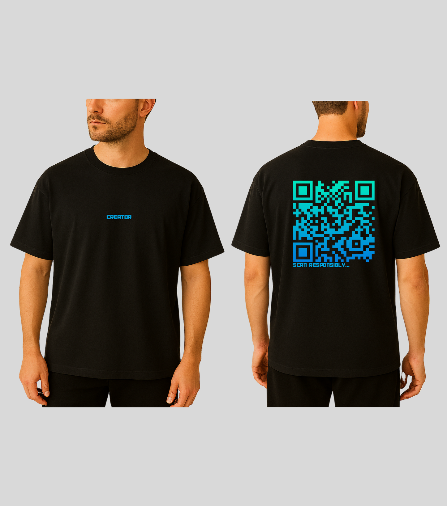 Creator | KopdeQR Dynamic QR Code T-Shirt – Blue Gradient | 100% Cotton | Unisex |Mobile App-Controlled QR Code Content