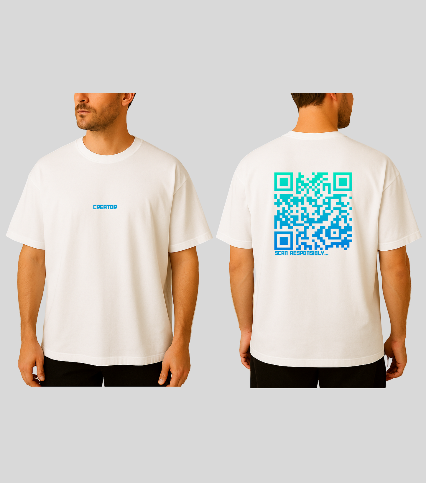 Creator | KopdeQR Dynamic QR Code T-Shirt – Blue Gradient | 100% Cotton | Unisex |Mobile App-Controlled QR Code Content