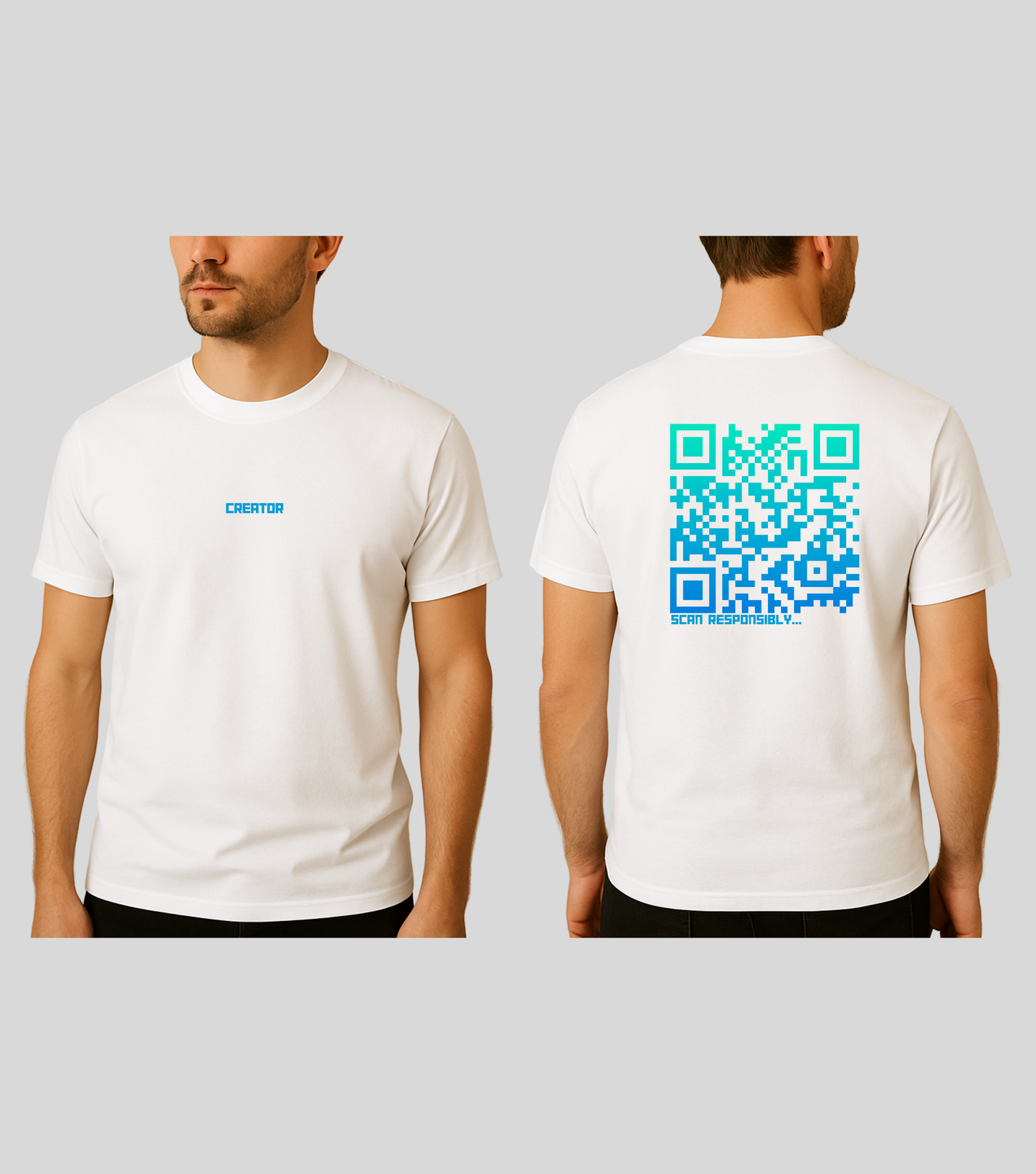 Creator | KopdeQR Dynamic QR Code T-Shirt – Blue Gradient | 100% Cotton | Unisex |Mobile App-Controlled QR Code Content