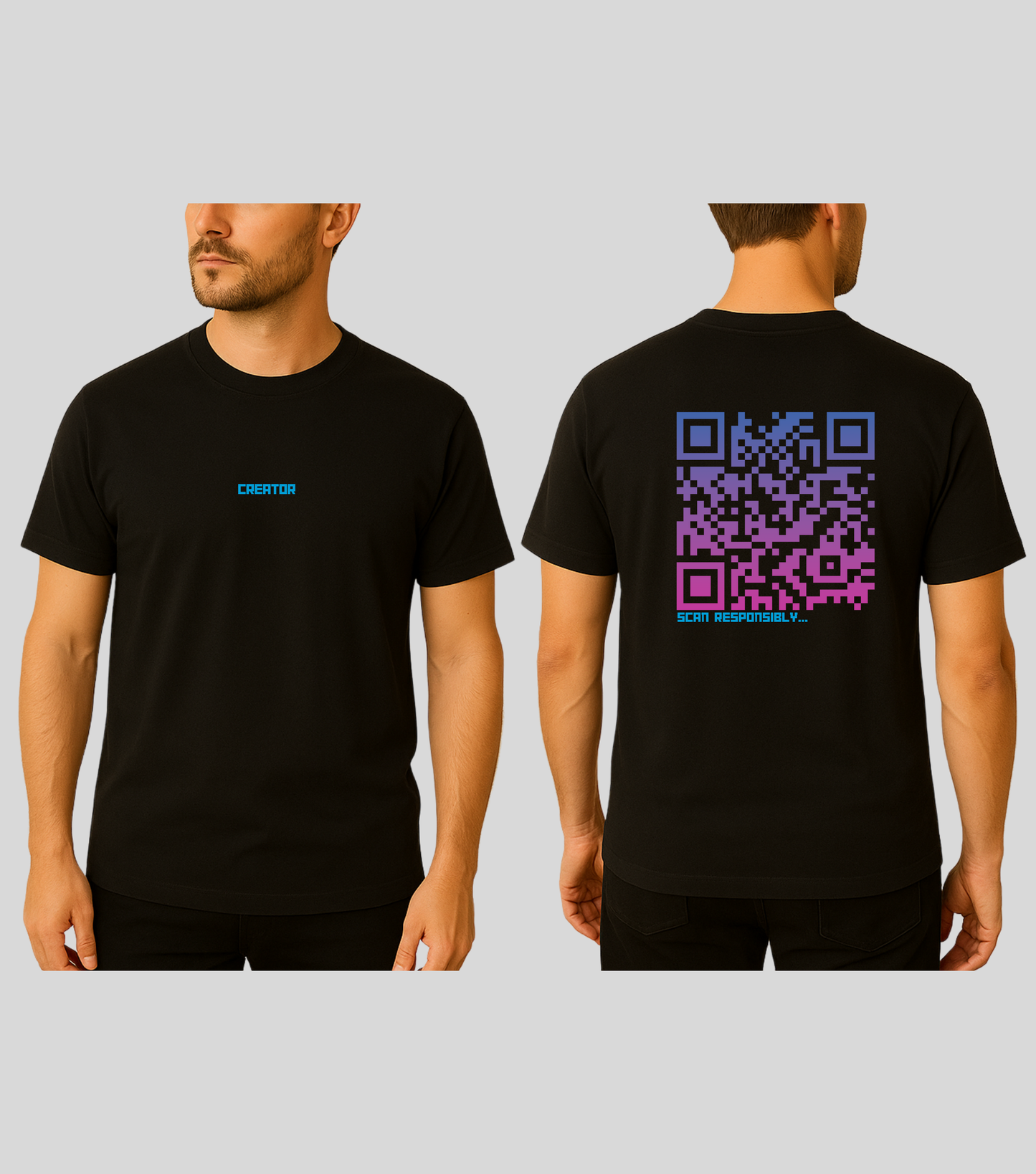 Creator | KopdeQR Dynamic QR Code T-Shirt – Pink Gradient | 100% Cotton | Unisex |Mobile App-Controlled QR Code Content