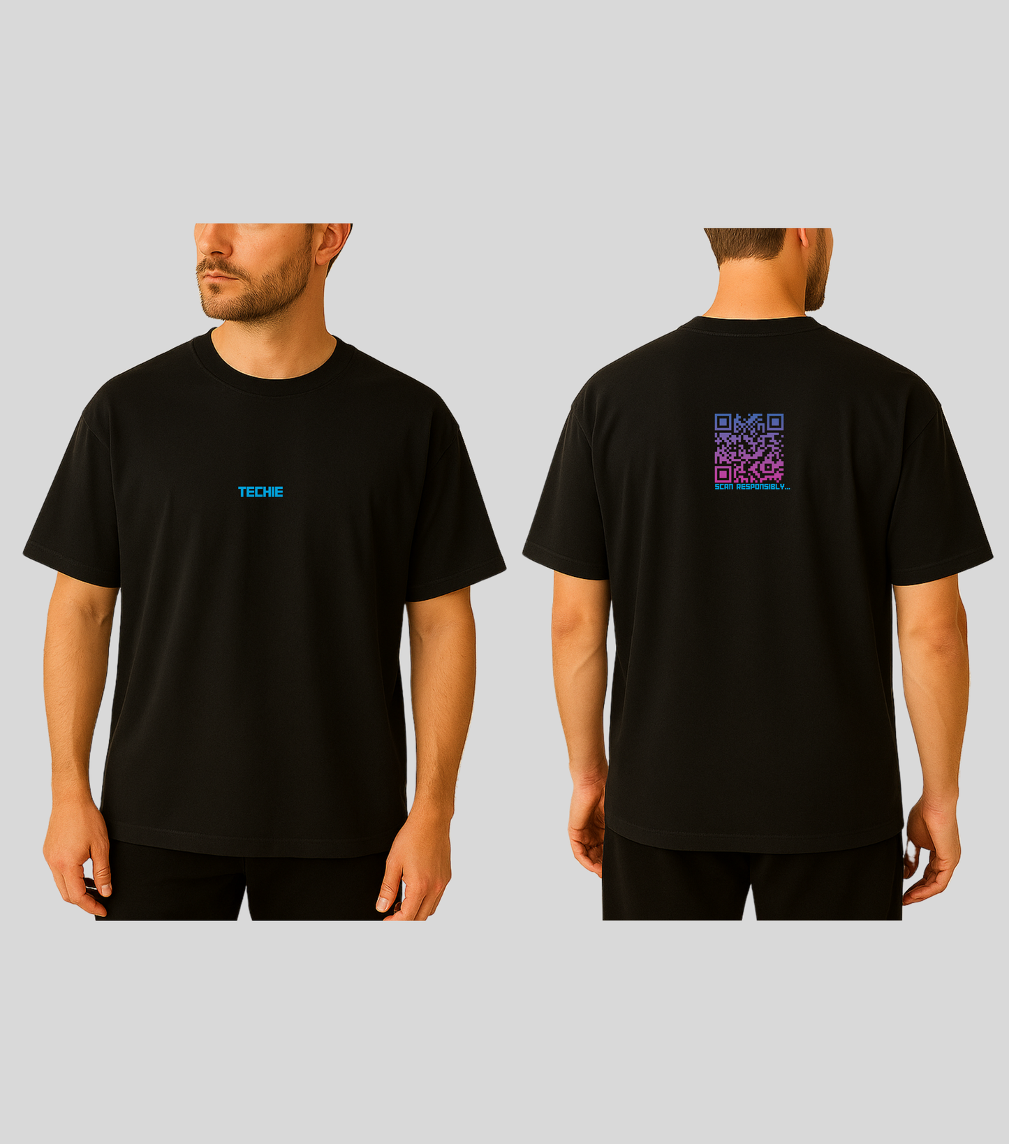 Techie | KopdeQR Dynamic Small QR Code T-Shirt – Pink Gradient | 100% Cotton | Unisex |Mobile App-Controlled QR Code Content