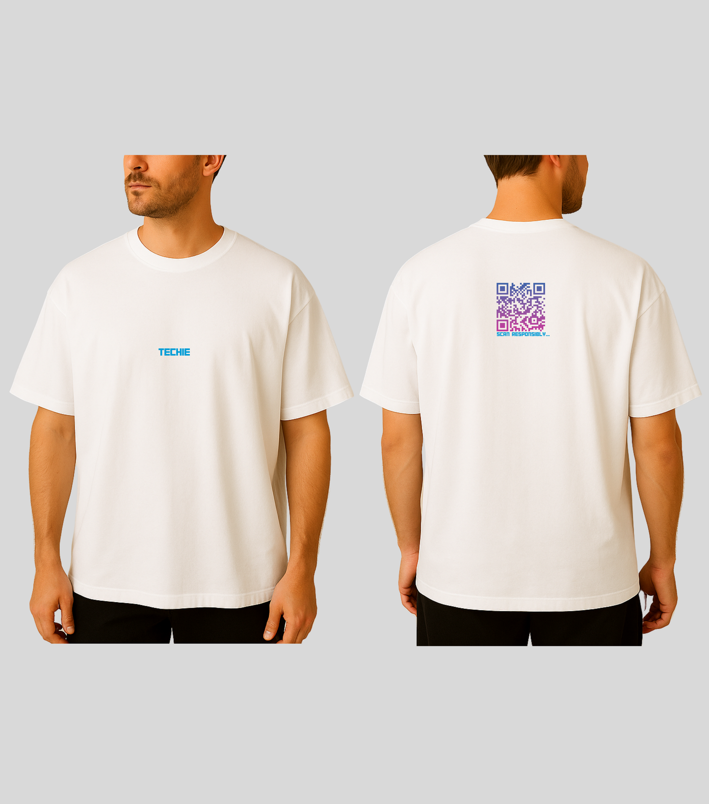 Techie | KopdeQR Dynamic Small QR Code T-Shirt – Pink Gradient | 100% Cotton | Unisex |Mobile App-Controlled QR Code Content