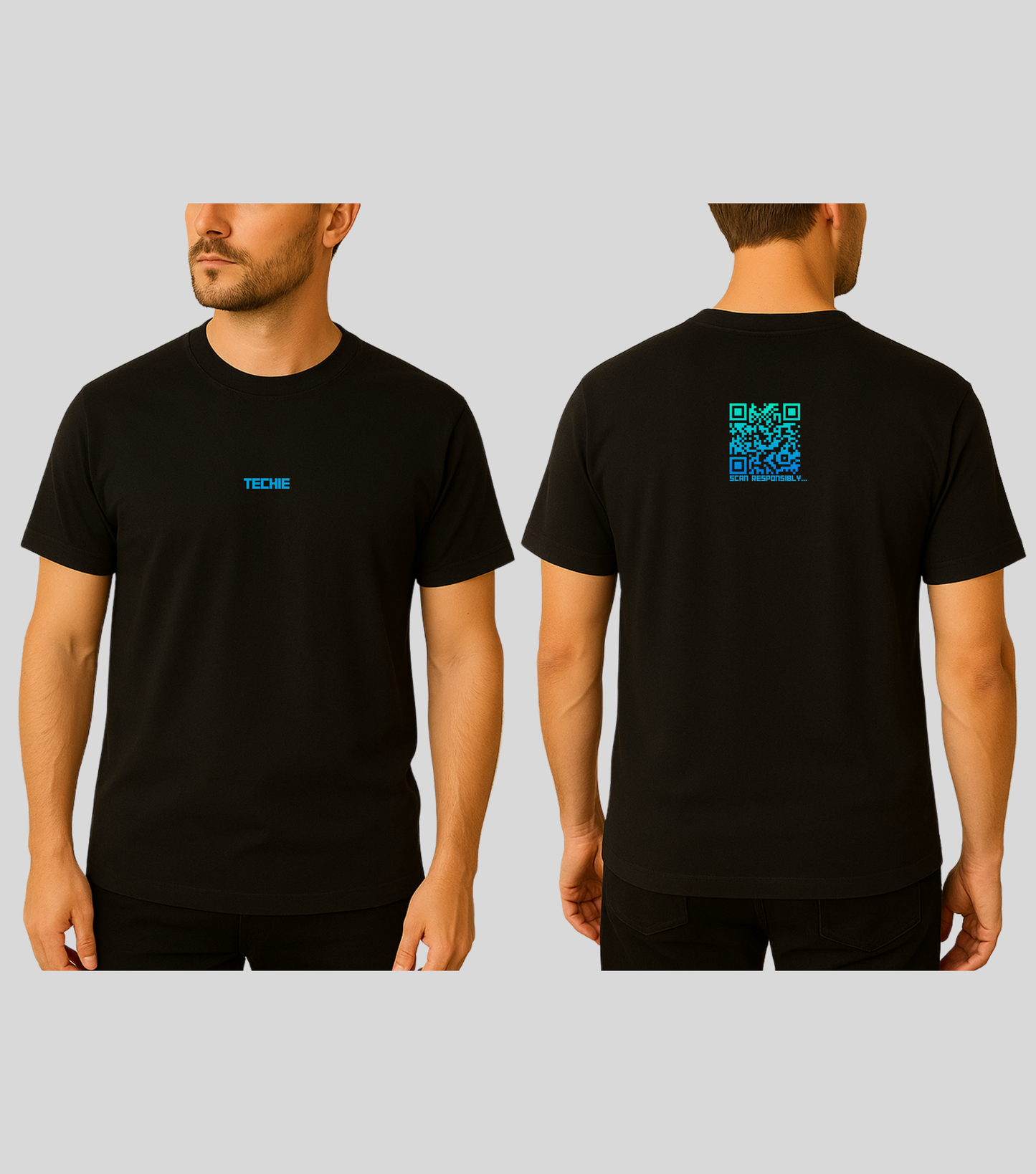 dynamic_QR_techie_regulart_shirtwith_green_black_small_qr