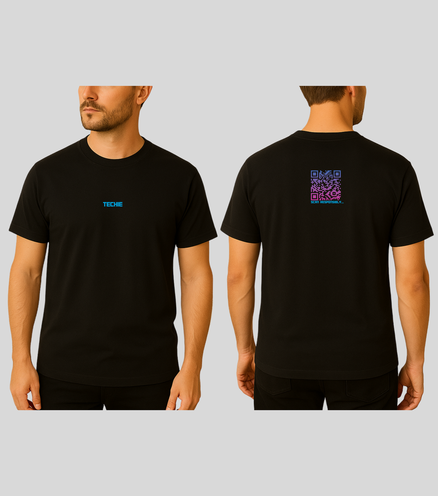 Techie | KopdeQR Dynamic Small QR Code T-Shirt – Pink Gradient | 100% Cotton | Unisex |Mobile App-Controlled QR Code Content