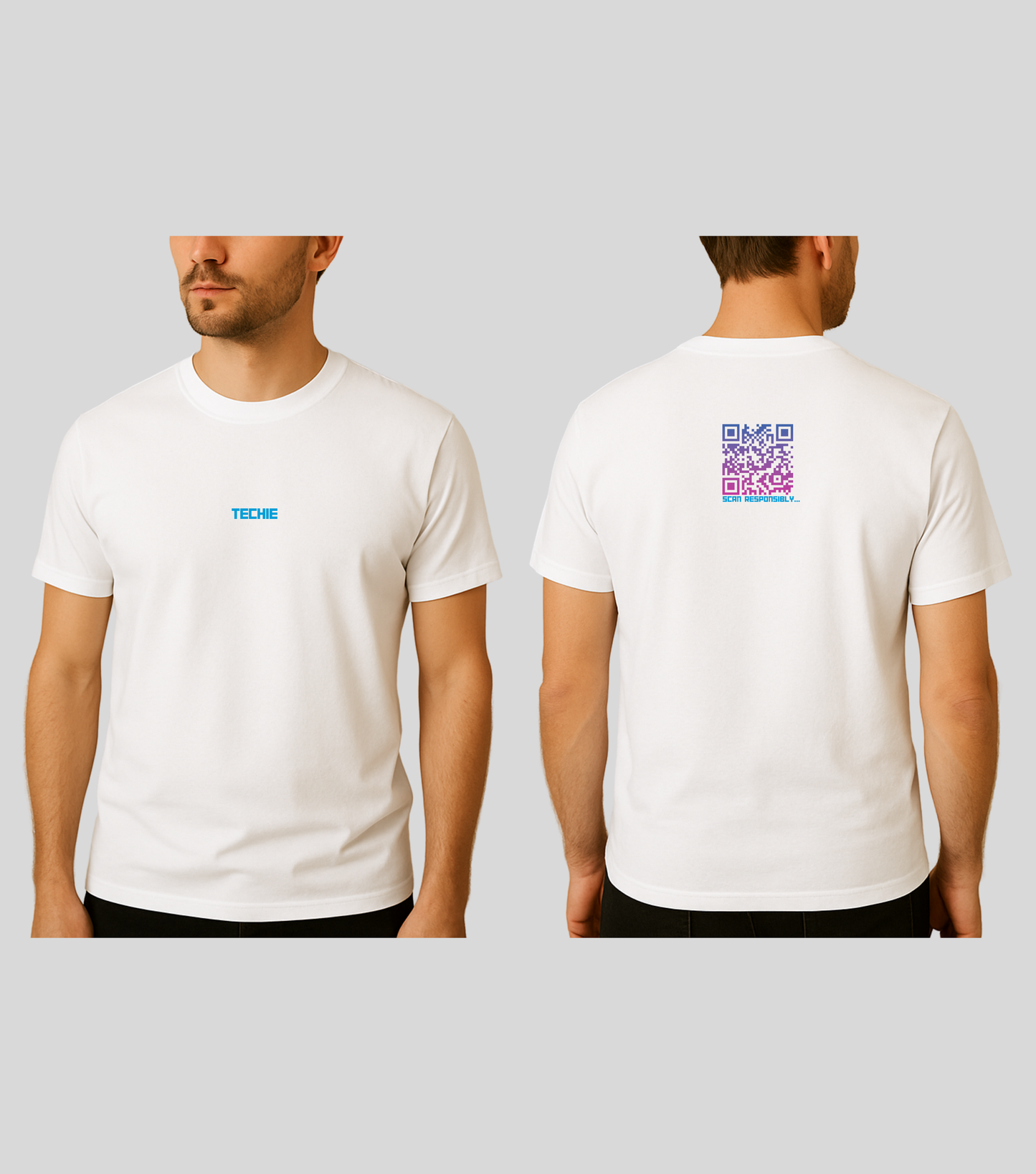 Techie | KopdeQR Dynamic Small QR Code T-Shirt – Pink Gradient | 100% Cotton | Unisex |Mobile App-Controlled QR Code Content
