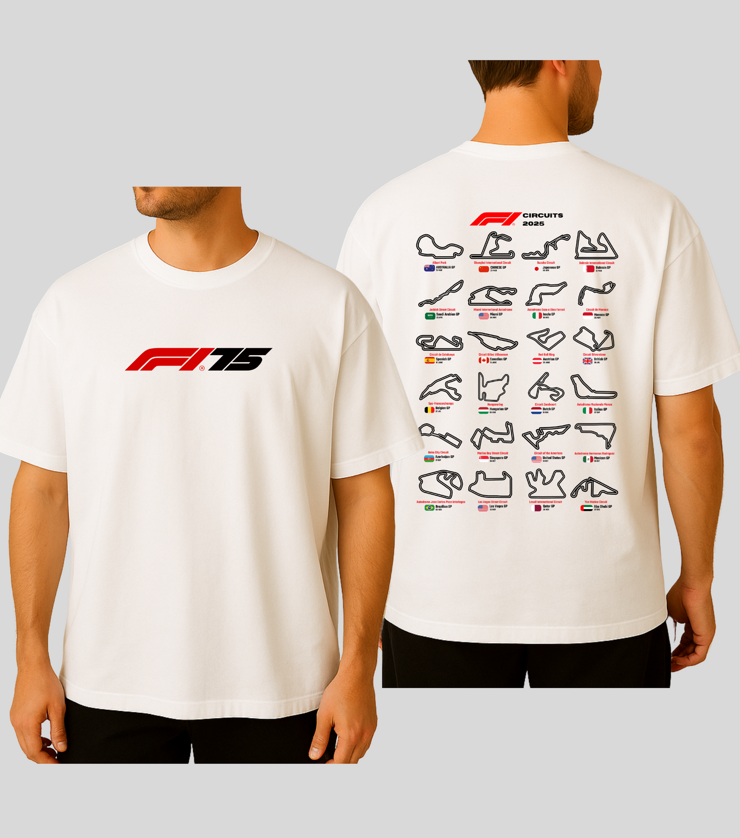formula1 circuits tshirts oversized front back white