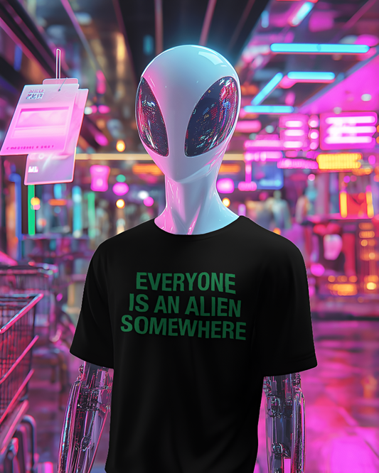 Coldplay tshirt, Everyone is an Alien Somewhere, green text, black color