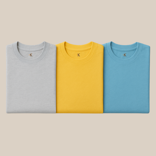 Pack of 3 : Solid colors - Grey Mustard Sky T-shirts | 100% Cotton | Unisex