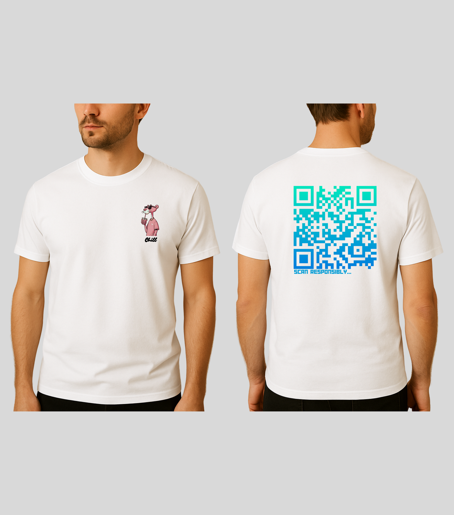 Chill Panther | KopdeQR Dynamic QR Code T-Shirt – Blue Gradient | 100% Cotton | Unisex |Mobile App-Controlled QR Code Content