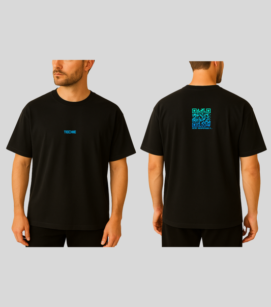 dynamic_QR_techie_Oversized_shirtwith_green_black_small_qr