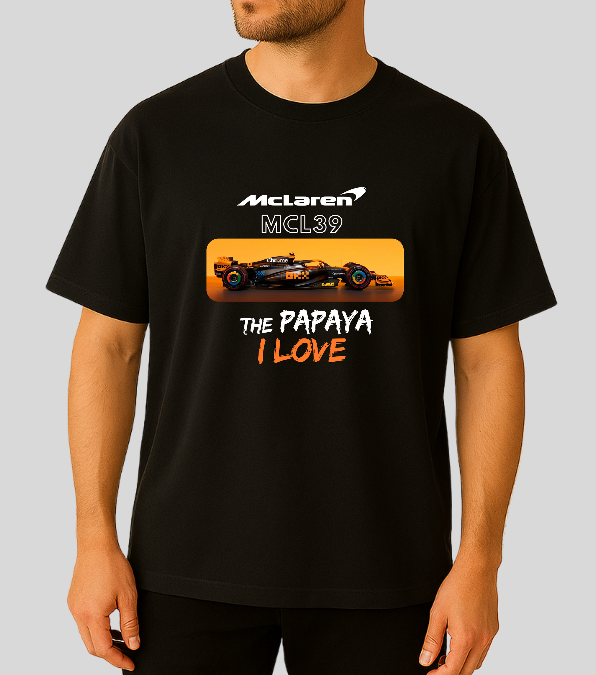 Black t-shirt with McLaren logo and race car graphic on a plain background