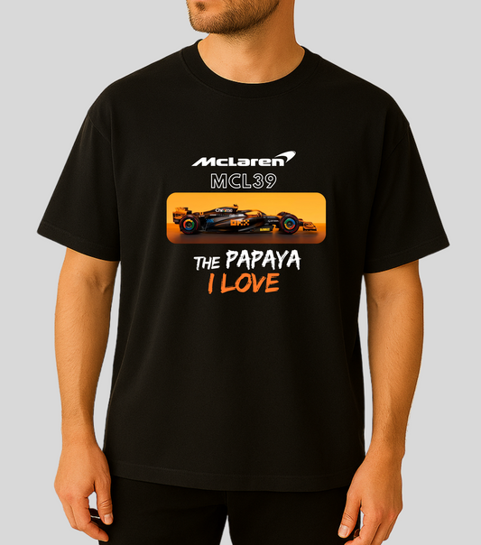 Black t-shirt with McLaren logo and race car graphic on a plain background