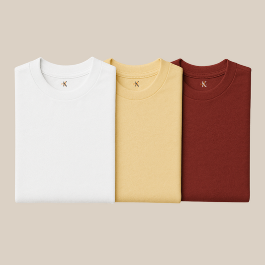 Pack of 3 : Solid colors - White Beige Maroon T-shirts | 100% Cotton | Unisex